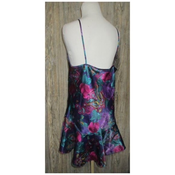 Vintage 80s California Miss Paisley Print Lingerie Dress Sz M Teal Purple Satin - Picture 3 of 13